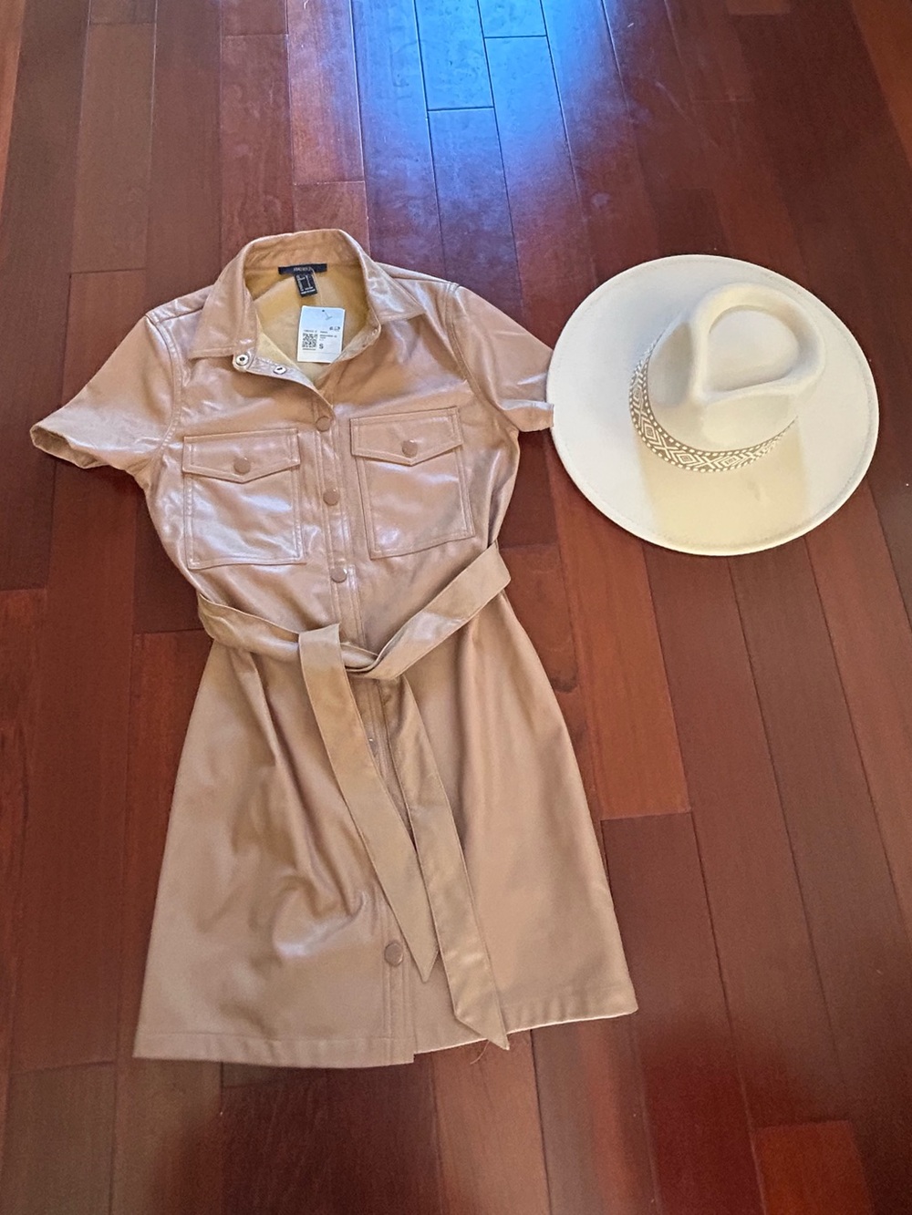 NWT Forever 21 Camel Faux Leather Short-Sleeve Shirt Dress with Belt Western